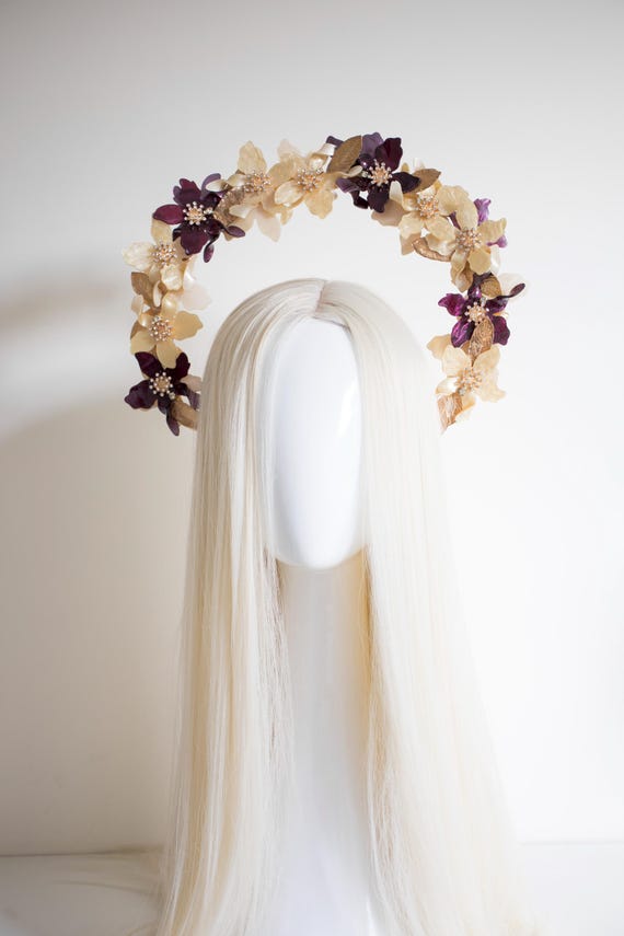 Floral Halo Crown, Purple Gold Flowers, Celestial Wedding Tiara, Baroque Bridal Headpiece