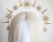 Gold Celestial Starburst Crown - Star Halo Headpiece Rhinestones - Sun Goddess Tiara - Starlit Bridal Hair Accessory - Handmade by Panmilli — image 2