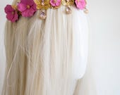 Butterfly and Flower Headband, Gold Filigree Crown, Magenta Pink Floral Headpiece, Dainty Crystal Drop Tiara, Whimsical Bridal Hair Panmilli — image 8