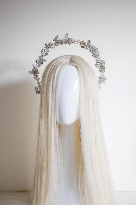Silver Butterfly Crystal Halo Crown – Whimsical Wedding Tiara, Lightweight Hair Accessory