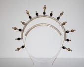 Celestial Halo Crown, Black and Gold Crystal Sunburst Headpiece, Avant-Garde Starburst Tiara, Gothic Wedding Crown, Festival Wear, Panmilli — image 3