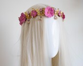 Butterfly and Flower Headband, Gold Filigree Crown, Magenta Pink Floral Headpiece, Dainty Crystal Drop Tiara, Whimsical Bridal Hair Panmilli — image 3