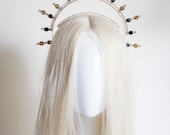 Celestial Halo Crown, Black and Gold Crystal Sunburst Headpiece, Avant-Garde Starburst Tiara, Gothic Wedding Crown, Festival Wear, Panmilli — image 1
