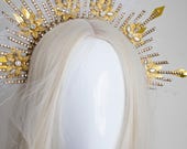 Gold Sunburst Halo Crown with Feathers, Rhinestones, Celestial Headpiece for Cosplay — image 6