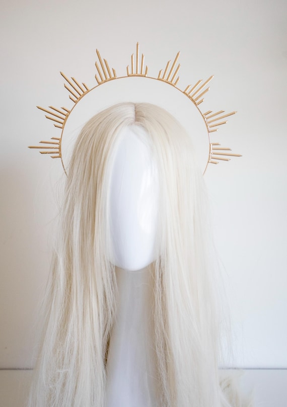 Golden Sunburst Halo Crown, spike Celestial Headband, Modern Tiaras, Bridal Sun Headpiece, Celestial Festival Accessory, Gold Metal halo