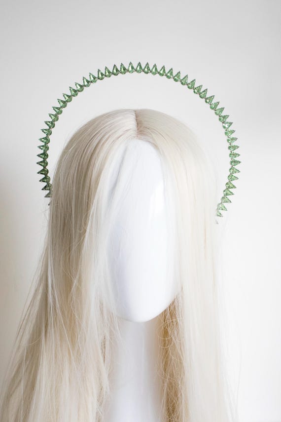 Green Crystal Halo Crown Headpiece, Spiked Emerald Tiara, PANMILLI Celestial Headband, Festival Met Gala Cosplay Bridal Hair Accessory