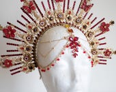 Red and Gold Sunburst Crown, Floral Goddess Headpiece with Forehead Jewelry, Celestial Queen Headdress for Cosplay & Festivals by Panmilli — image 4