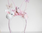 Floral Bunny Ear Headband, Pink Flower Crown, Fairy Cosplay — image 5