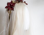 Burgundy and Gold Floral Crown by PANMILLI - Gothic Bridal Tiara, Fall Wedding Hair Accessory, Handmade Flower Headpiece, Boho Queen Crown — image 6