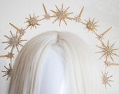 Gold Celestial Starburst Crown - Star Halo Headpiece Rhinestones - Sun Goddess Tiara - Starlit Bridal Hair Accessory - Handmade by Panmilli — image 3