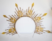 Gold Sunburst Halo Crown with Feathers, Rhinestones, Celestial Headpiece for Cosplay — image 2