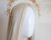Champagne Gold Floral Halo Crown - Ethereal Bridal Flower Tiara - Rhinestone Botanical Headpiece -  Wedding Hair Accessory - By Panmilli — image 4