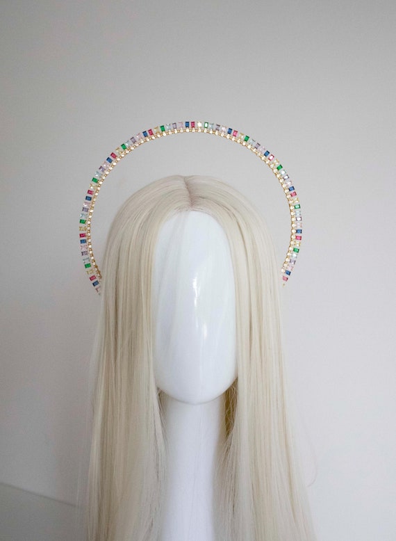 Rainbow Zirconia Halo Crown: Gold Goddess Headpiece