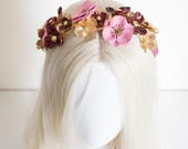 PANMILLI Flower Headband - Gold & Pink Enamel Floral Crown | Burgundy Beaded Hair Accessory for Wedding, Bridal or Party | Crystal Accent — image 4