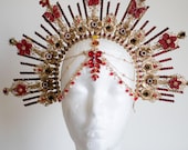 Red and Gold Sunburst Crown, Floral Goddess Headpiece with Forehead Jewelry, Celestial Queen Headdress for Cosplay & Festivals by Panmilli — image 1