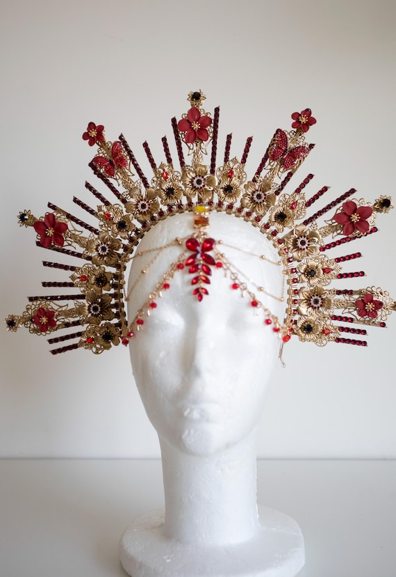 Red and Gold Sunburst Crown, Floral Goddess Headpiece with Forehead Jewelry, Celestial Queen Headdress for Cosplay & Festivals by Panmilli
