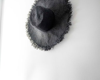 Black Fringe Sun Hat - Panmilli | Brim 6.3 inches | Natural straw hat | Personalized Summer Hat | Raw Edge | Frayed Brim | Cottage hat