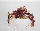 Burgundy and Gold Floral Crown by PANMILLI - Gothic Bridal Tiara, Fall Wedding Hair Accessory, Handmade Flower Headpiece, Boho Queen Crown — image 3
