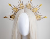 Gold Sunburst Halo Crown with Feathers, Rhinestones, Celestial Headpiece for Cosplay — image 1