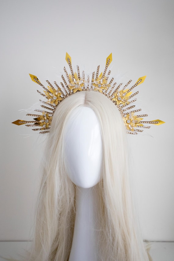 Gold Sunburst Halo Crown with Feathers, Rhinestones, Celestial Headpiece for Cosplay