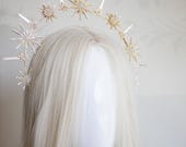 Gold Celestial Starburst Crown - Star Halo Headpiece Rhinestones - Sun Goddess Tiara - Starlit Bridal Hair Accessory - Handmade by Panmilli — image 5