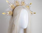 Gold Sunburst Halo Crown with Feathers, Rhinestones, Celestial Headpiece for Cosplay — image 3
