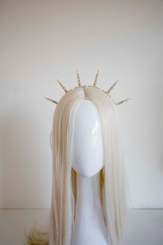Gold Sun Crown with Crystals: Goddess Bridal Headpiece