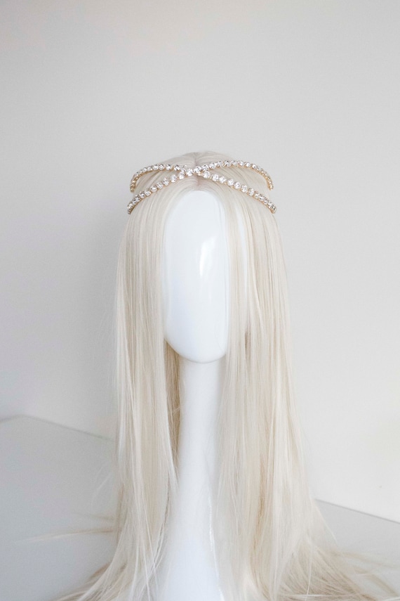 Gold Crystal Cross Hair headband - Panmilli | large crystals | women accessory | Goddess headpiece | Bridal headband | bling bling headband