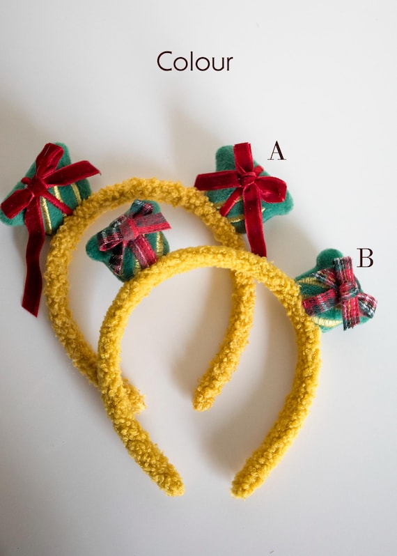PANMILLI Christmas Headband, Yellow Sherpa Crown, Velvet Plaid Bow Hairband