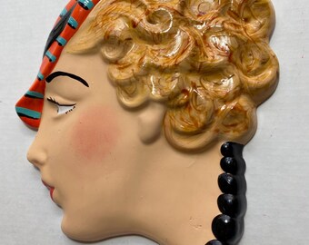 Art Deco style wall mask / head / plaque / hand painted with a gloss glaze 'Harriet'