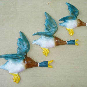 Set of Three Flying Ducks, cast in Strong Plaster Classic Retro Style, Air Brushed and hand painted.