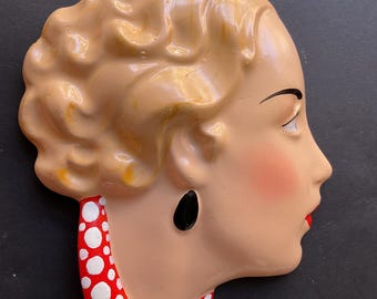 Art Deco Lady Wall Mask, Hand Painted Plaster Head Plaque, 1930s Style Gloss Finish