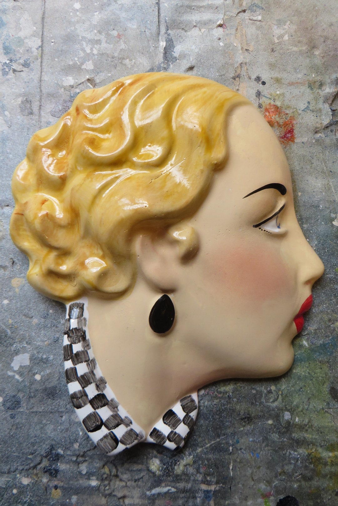 Art Deco Stylized Lady Wall Mask, Wall Head, Wall Plaque, Hand Painted