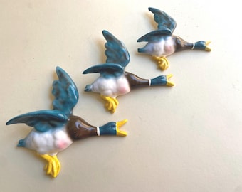 Retro Plaster Flying Ducks, Airbrushed Wall Decor, Set of Three