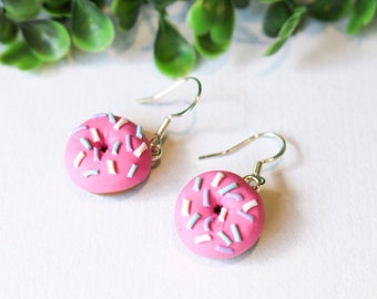 Bright pink sprinkle doughnut earrings, miniature polymer clay donut, Donut jewellery, Gift for Her, Made in Australia