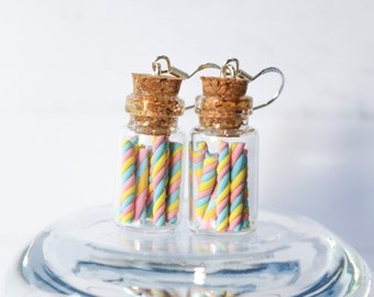 Marshmallow Twist Bottle earrings, handmade polymer clay, miniature lollies, candy, Gift for Him, Gift for Her, Made in Australia