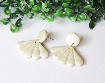 Stud-top fan earrings - 2 colours, navy or pearl handmade polymer clay dangles, gift for her, made in Australia