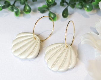 Shell hoops - 2 colours, handmade polymer clay earrings, sandy, pearl, gift for her, made in Australia