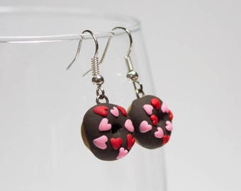 Handmade Heart Doughnut Earrings, Valentine's Day Gift, Miniature Polymer Clay Donut, Chocolate Iced Donut, Gift for Her, Made in Australia
