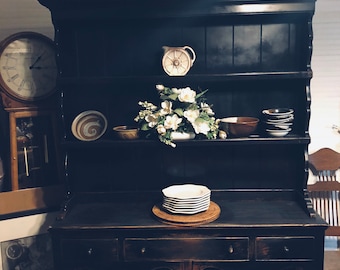 SOLD!!!   Jacobean Style Vintage Solid Wood Ethan Allen Stepback China Cabinet Hutch