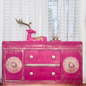 SOLD!!!  Art Deco Magenta Pink Buffet Fuscia Sideboard Dresser pink and Gold Mid Century NO free shipping