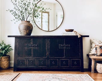 Antique Asian / mediterranean console, buffet, sideboard, credenza, solid wood, heavy hardware