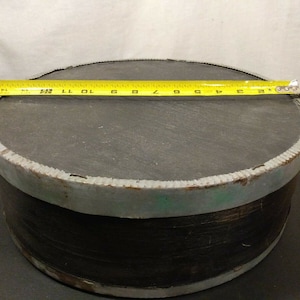 Vintage Round Wooden Cheese Wheel Box Metal Trim 14 1/2&quot; diameter