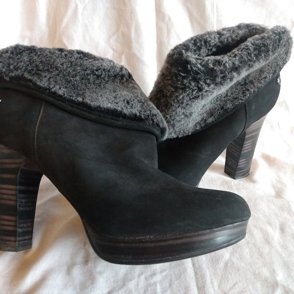 UGG Black Suede Shearling Ankle Heel Boots Size  sheepskin ankle