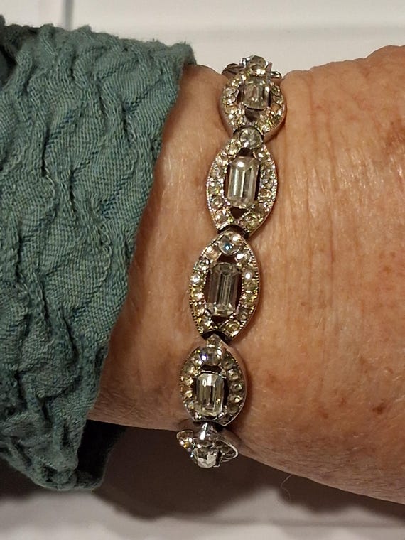 Vintage Bogoff Silver Tone Clear Rhinestone  Brac… - image 8