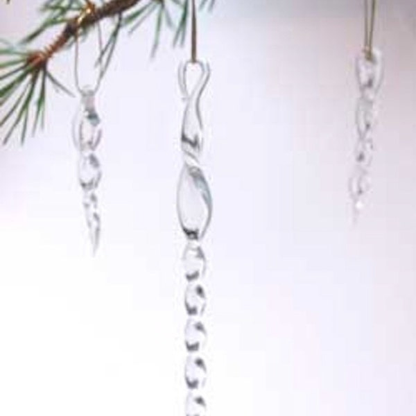 Glass Icicles. Clear Glass Icicle Tree Ornaments - Pack of Six Hanging Icicle Christmas Decorations  - Large or small sizes