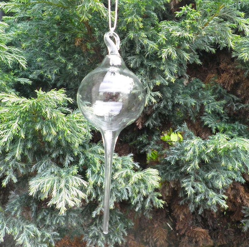May include: A clear glass ornament with a long, pointed tip. The ornament is hanging from a string and is suspended in front of a green bush.