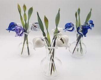 Glass flowers in vase - Glass Bluebells and Snowdrops -  Art Glass Spring Flower Vase - Bluebells - Snowdrops