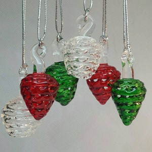 Glass Pinecones and Snowballs - Handmade Glass Christmas ornaments - Hanging Glass Tree Baubles - Pack of 6 assorted colours, small.