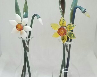 Glass Flowers - Daffodil in Vase - Spring Flower Vase - Glass Daffodil.